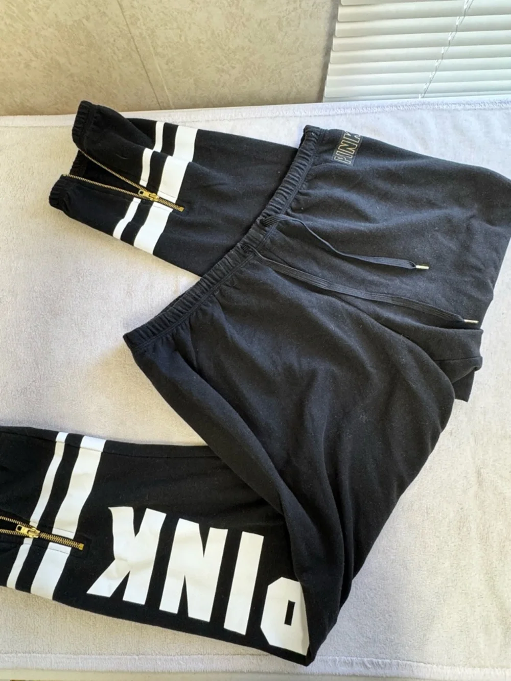 PINK Victoria's Secret Black Jogger Pants with White Logo Stripes - Picture 1 of 7